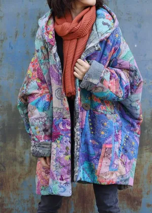 2019 purple prints overcoat oversized warm winter coat hooded patchwork overcoat