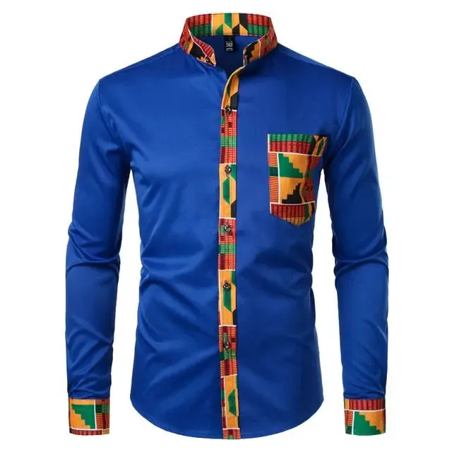 Aidase Dashiki African Mens Shirt Patchwork Pocket Africaine Print Shirt Men Ankara Style Long Sleeve Design Collar Mens Dress Shirts