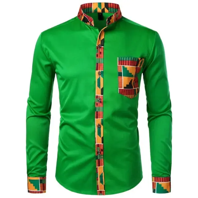 Aidase Dashiki African Mens Shirt Patchwork Pocket Africaine Print Shirt Men Ankara Style Long Sleeve Design Collar Mens Dress Shirts