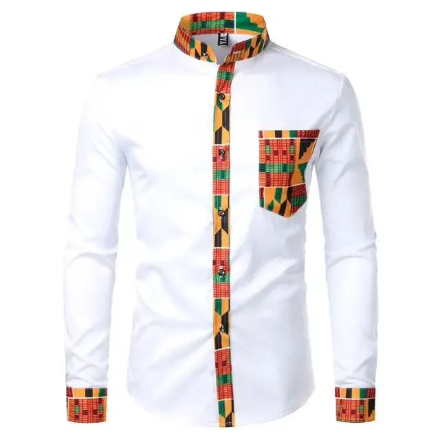 Aidase Dashiki African Mens Shirt Patchwork Pocket Africaine Print Shirt Men Ankara Style Long Sleeve Design Collar Mens Dress Shirts