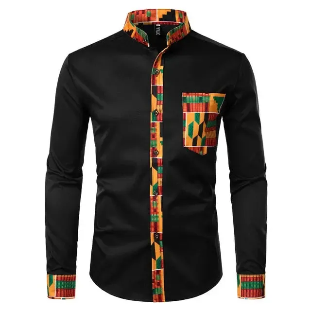 Aidase Dashiki African Mens Shirt Patchwork Pocket Africaine Print Shirt Men Ankara Style Long Sleeve Design Collar Mens Dress Shirts