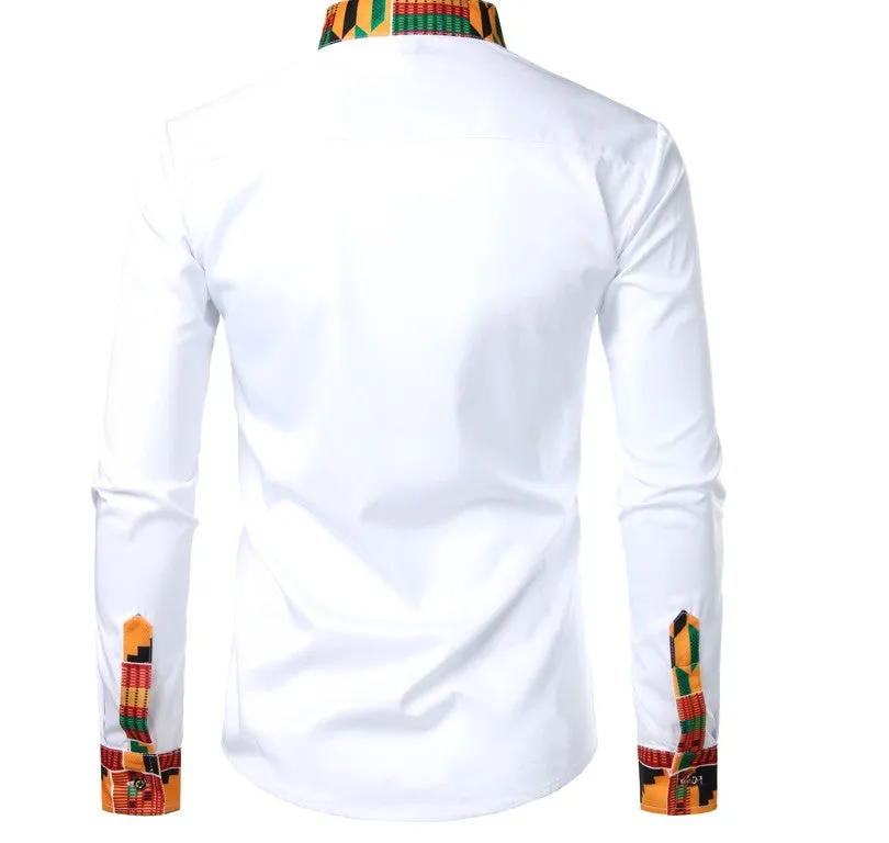 Aidase Dashiki African Mens Shirt Patchwork Pocket Africaine Print Shirt Men Ankara Style Long Sleeve Design Collar Mens Dress Shirts