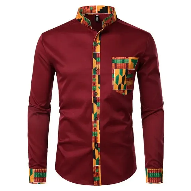 Aidase Dashiki African Mens Shirt Patchwork Pocket Africaine Print Shirt Men Ankara Style Long Sleeve Design Collar Mens Dress Shirts