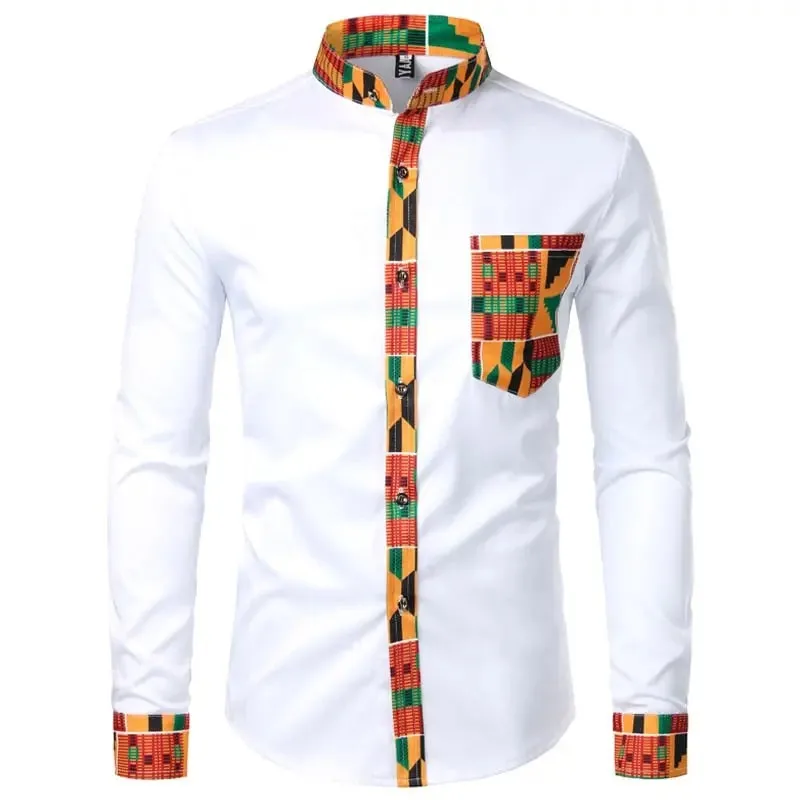 Aidase Dashiki African Mens Shirt Patchwork Pocket Africaine Print Shirt Men Ankara Style Long Sleeve Design Collar Mens Dress Shirts