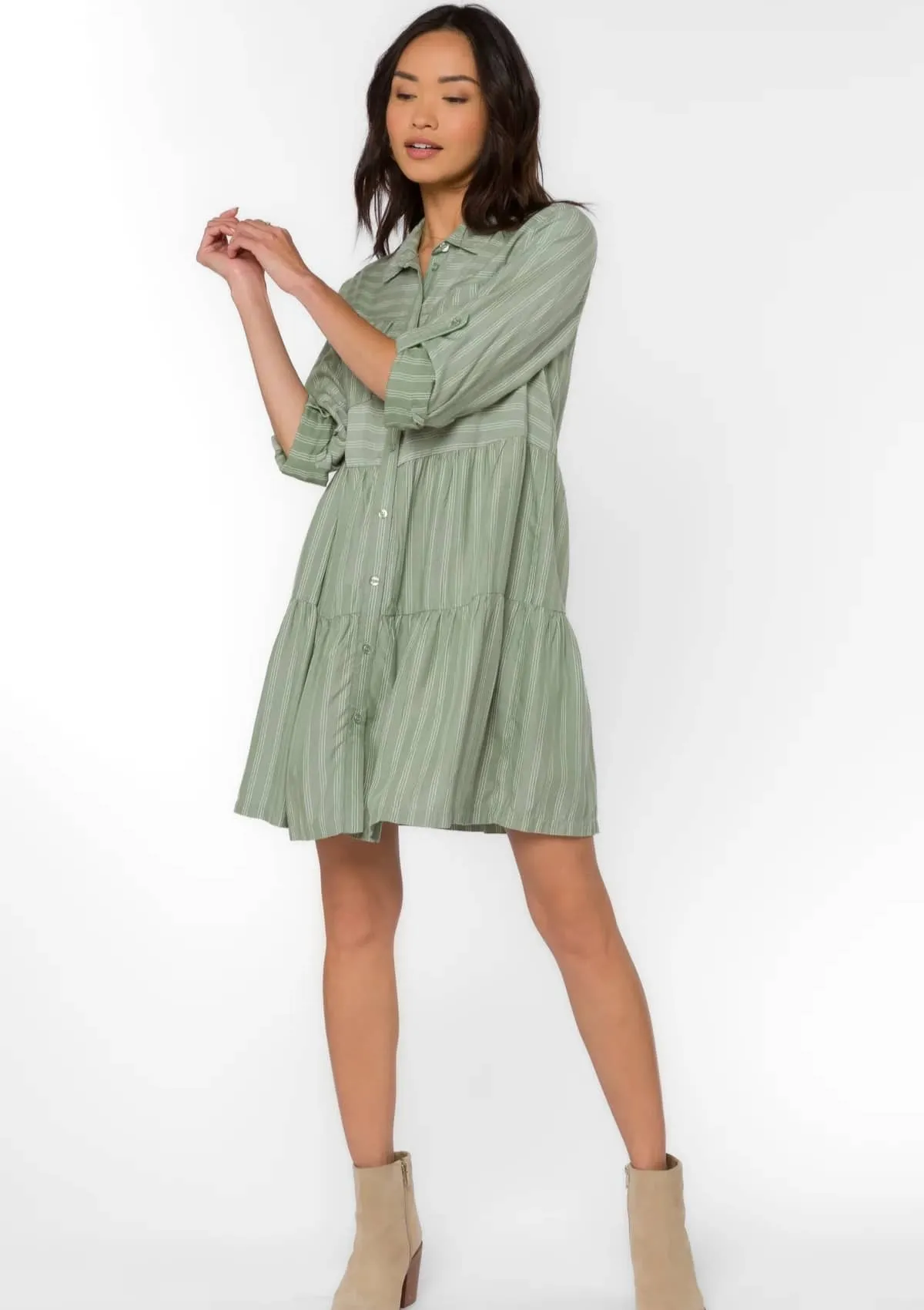 Bree Rolled Tab Sleeve Dress - Sage