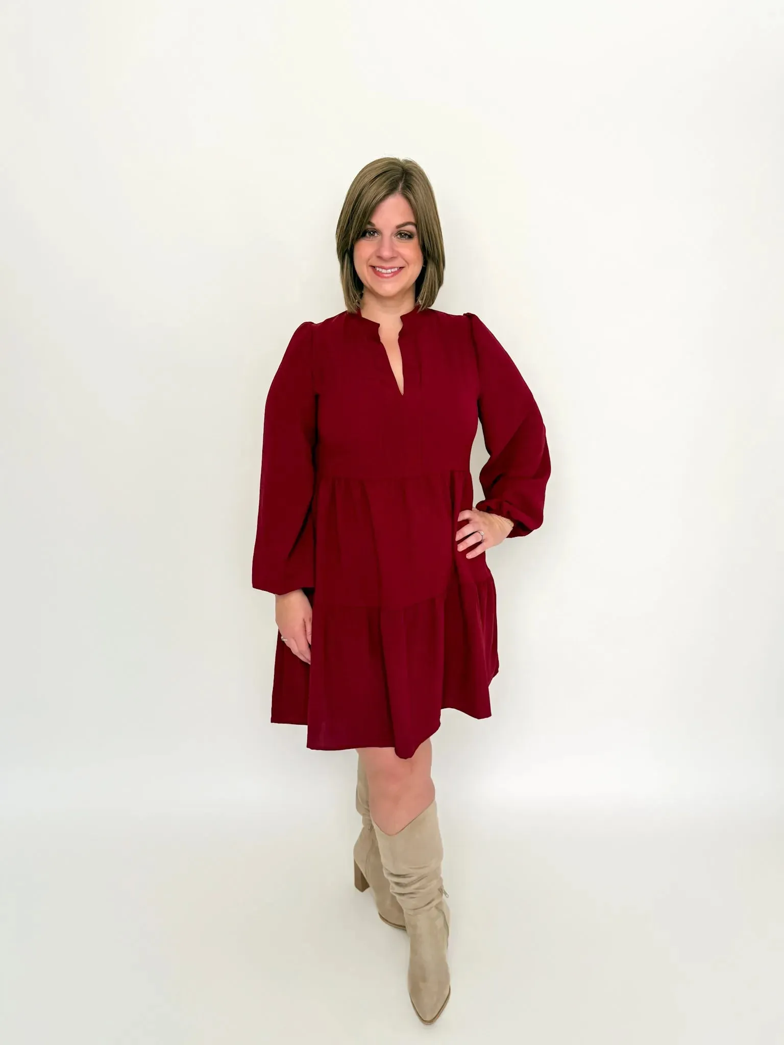 Burgundy Long Sleeve Babydoll Dress