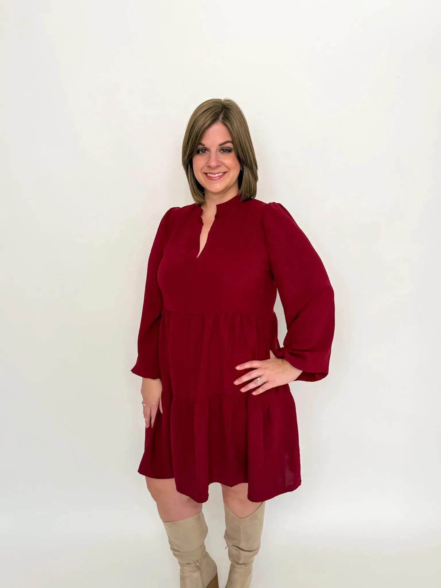 Burgundy Long Sleeve Babydoll Dress