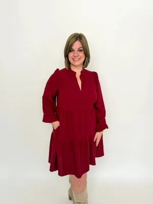 Burgundy Long Sleeve Babydoll Dress