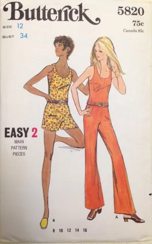 Butterick 5820 Misses One-Piece Jumpsuit in 2 Lengths Vintage 1970's