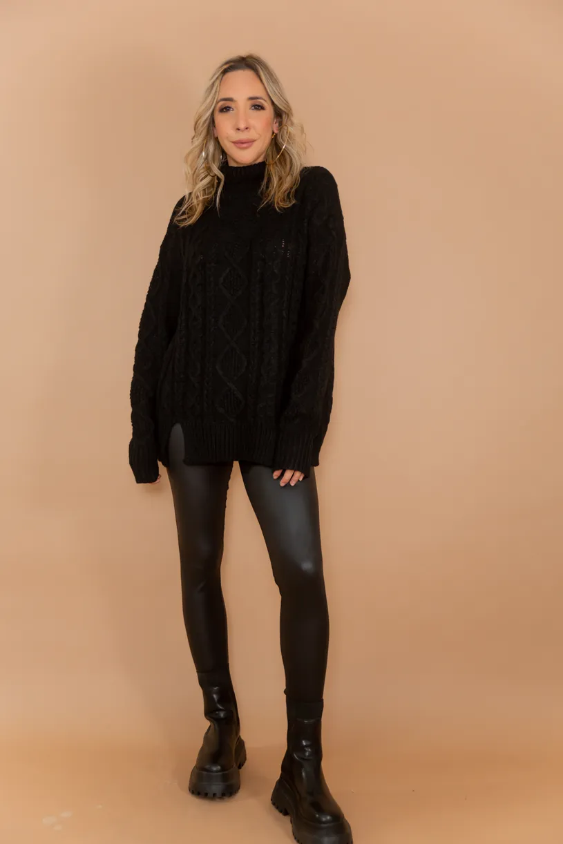 Cableknit Turtleneck Sweater - Black