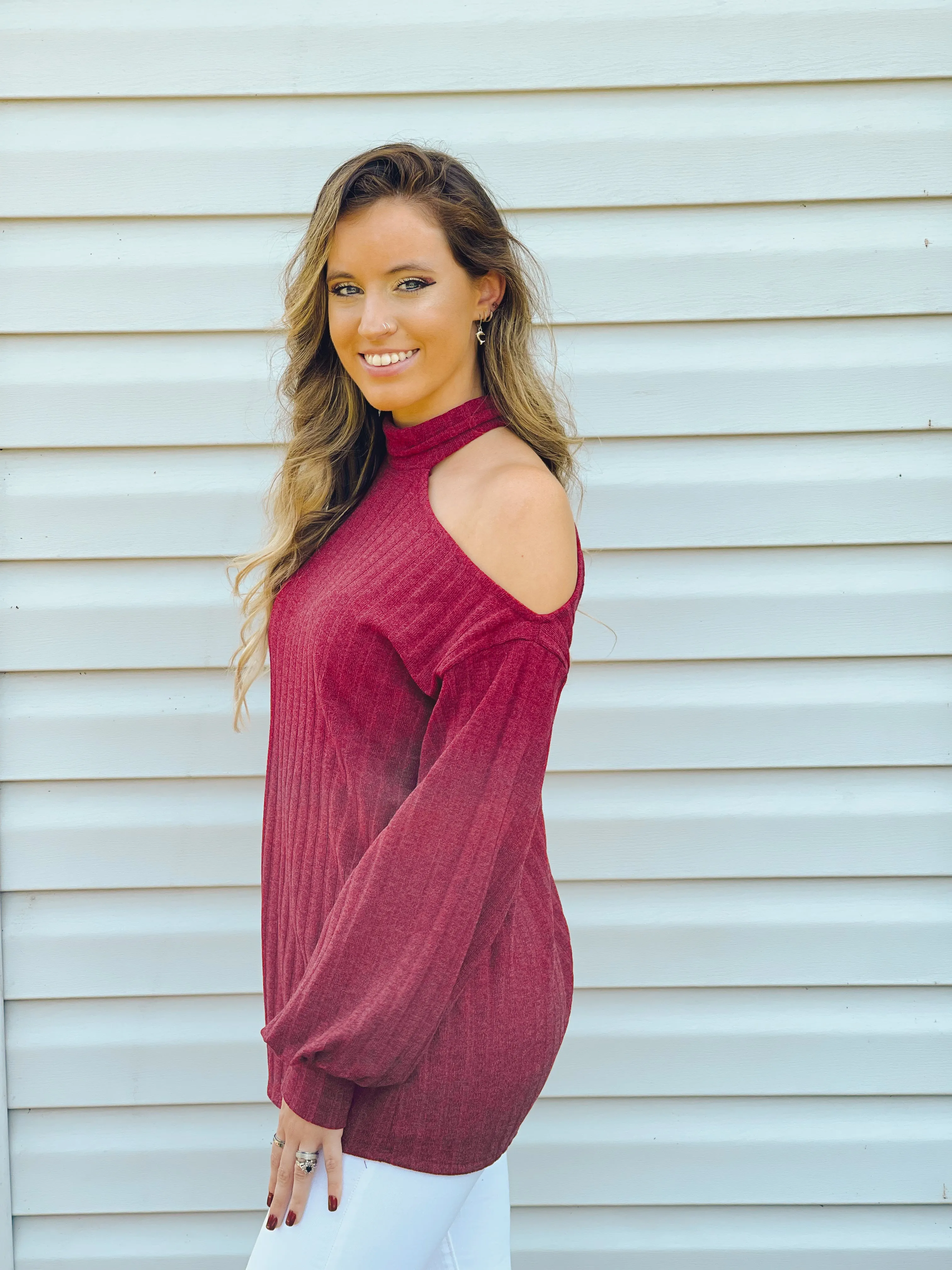 Candy Apple Open One-Shoulder Turtleneck