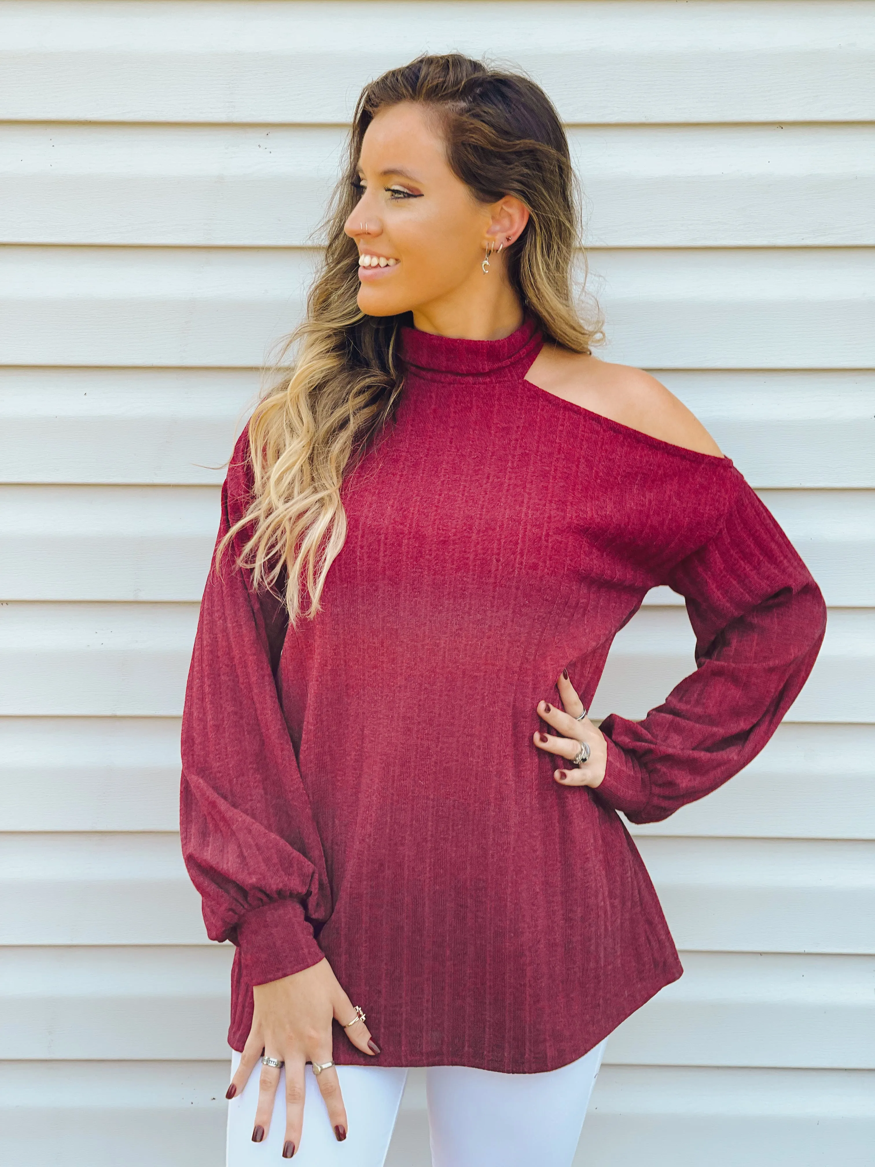 Candy Apple Open One-Shoulder Turtleneck