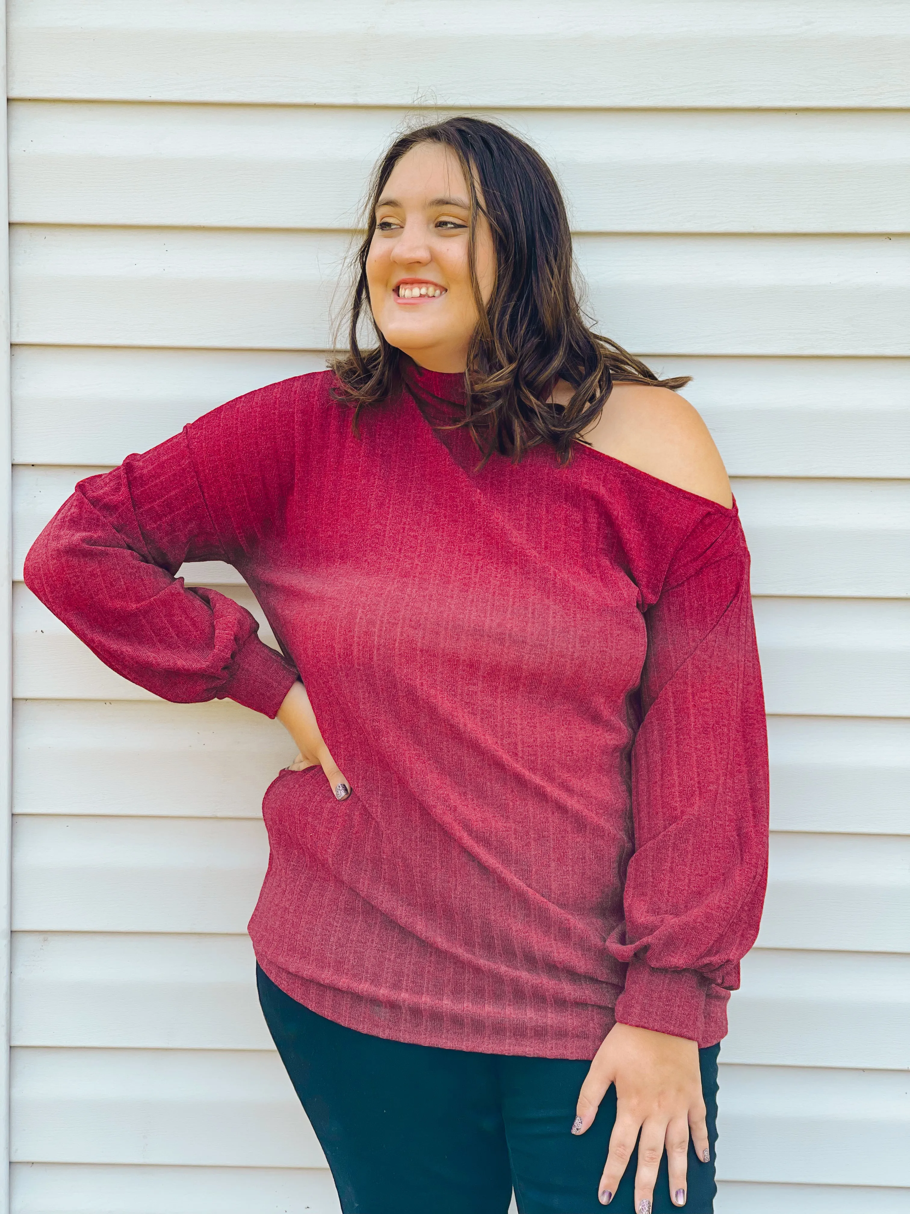 Candy Apple Open One-Shoulder Turtleneck