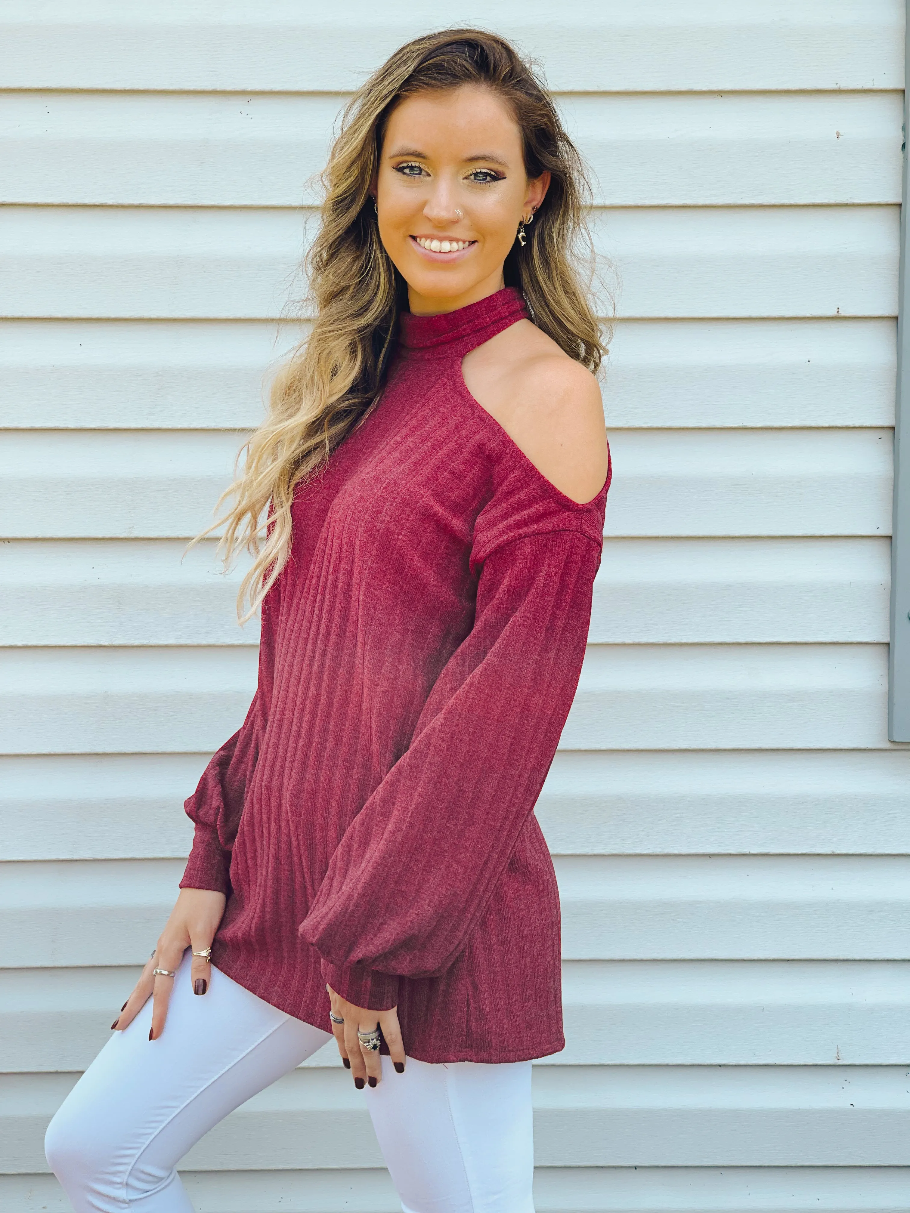 Candy Apple Open One-Shoulder Turtleneck