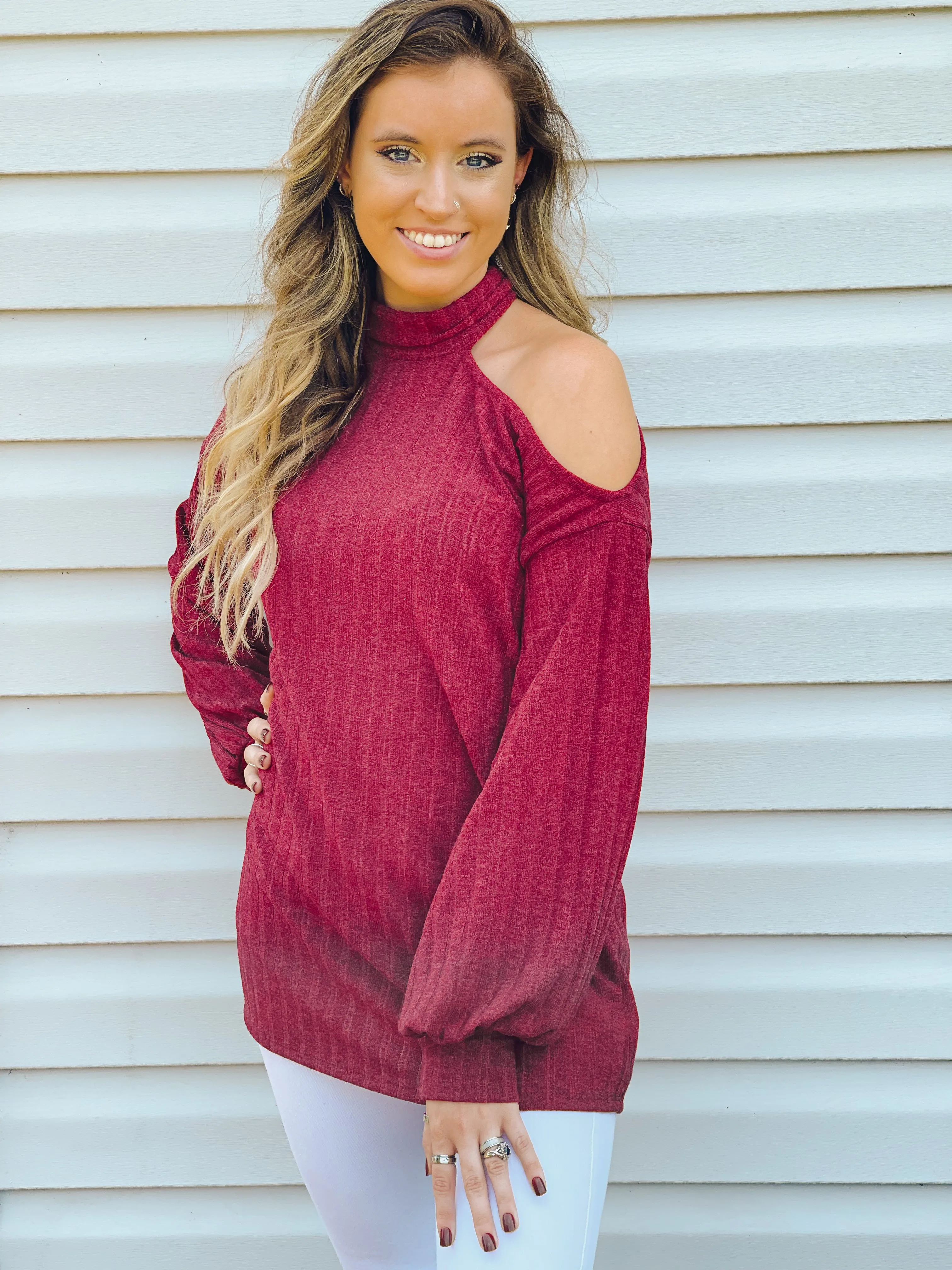 Candy Apple Open One-Shoulder Turtleneck