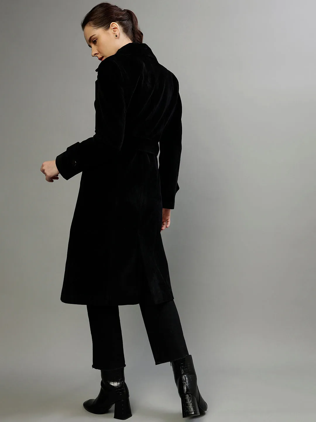 Centre Stage Women Solid Notched Lapel Full Sleeves Overcoat