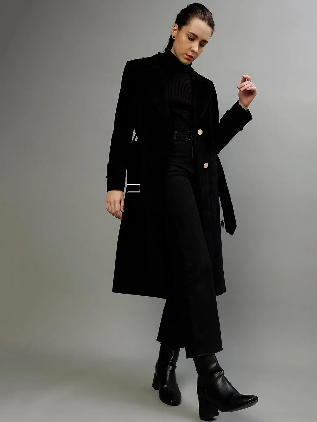 Centre Stage Women Solid Notched Lapel Full Sleeves Overcoat