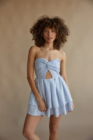 Darla Gingham Strapless Twist Front Babydoll Mini Dress