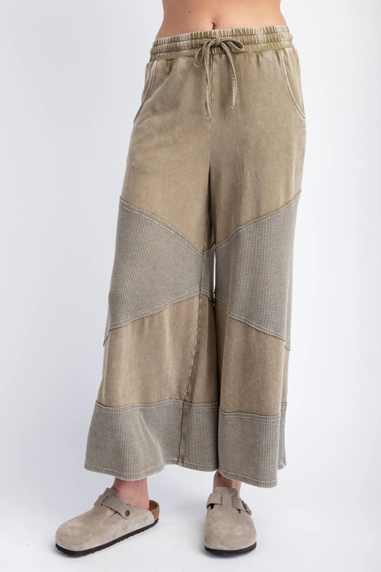 Easel Mixed Thermal Knit and Terry Knit Pants in Faded Olive