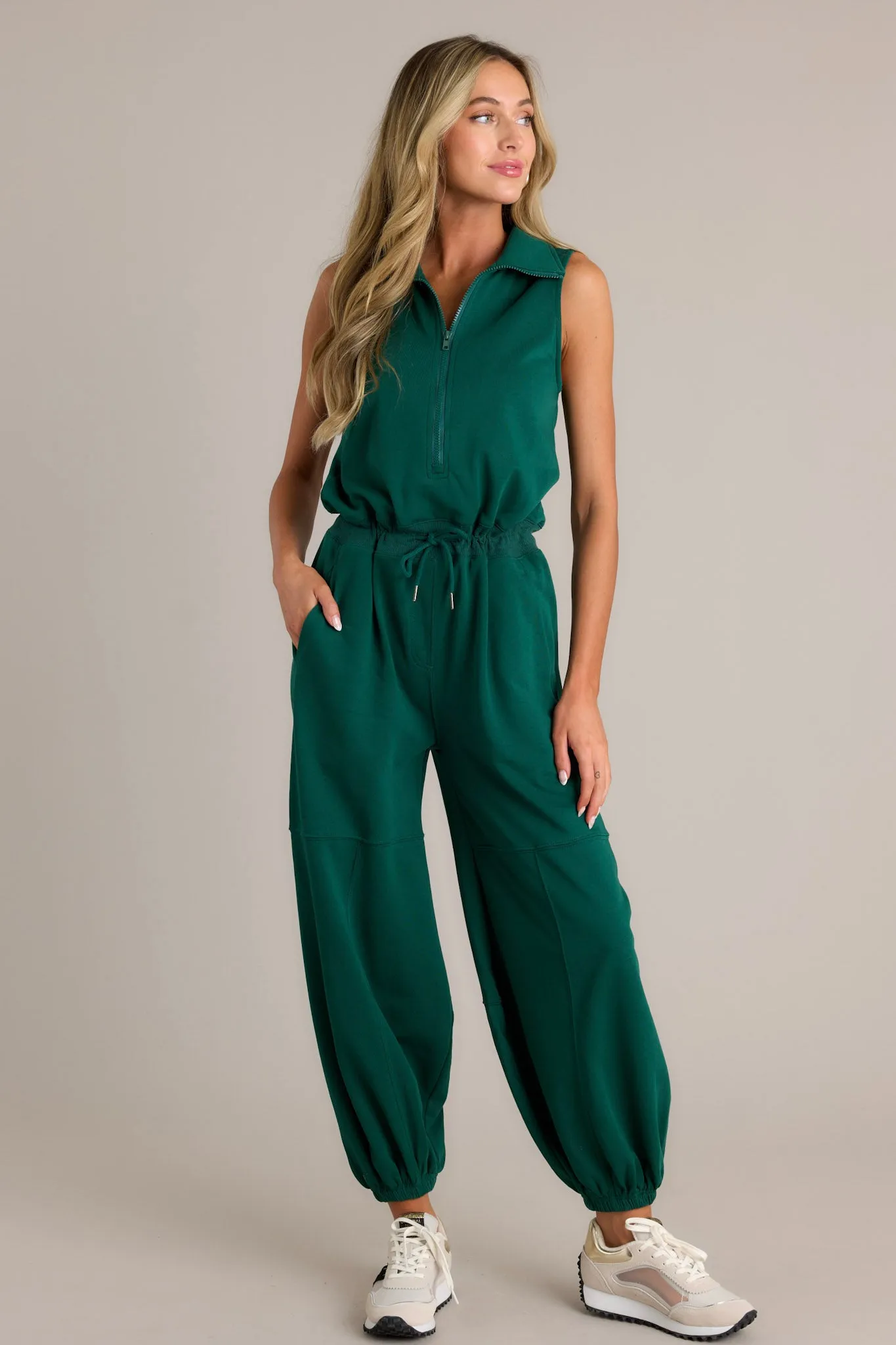 Effortless Luxe Hunter Green Zip Front Jumpsuit