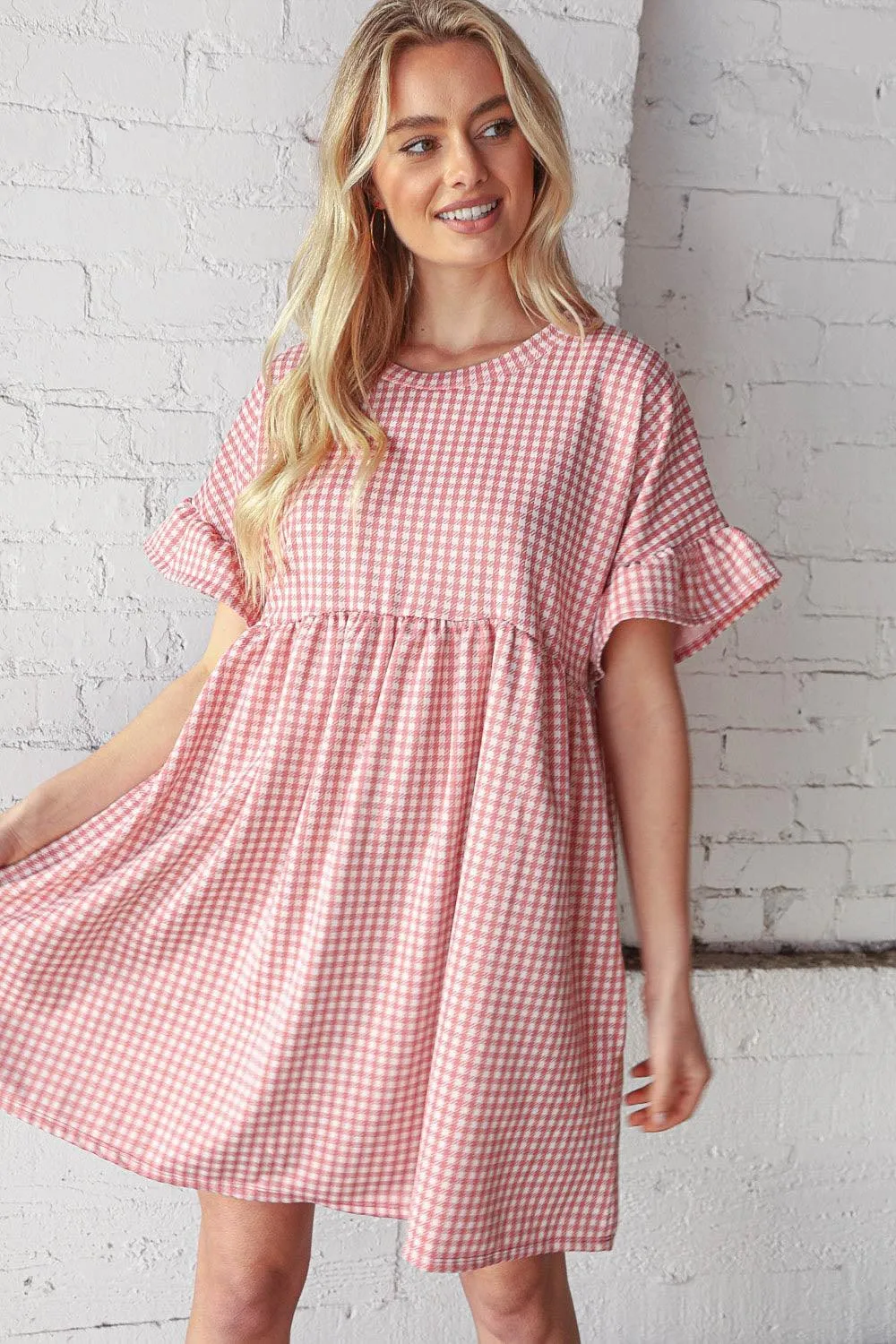 FINAL SALE - Rose Shepherd Check Ruffle Sleeve Babydoll Dress