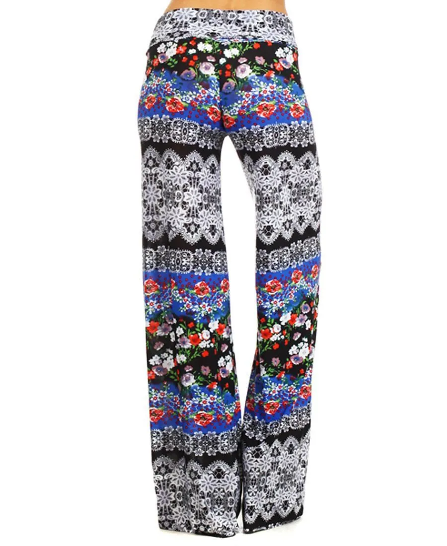 Foldover Palazzo Pants Bohemian Floral Blue Black