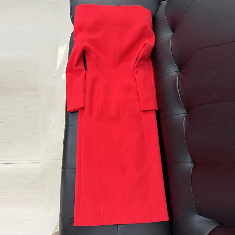 High Street Fashion Red Off Shoulder Outfit Windbreaker Coat Formal Dress