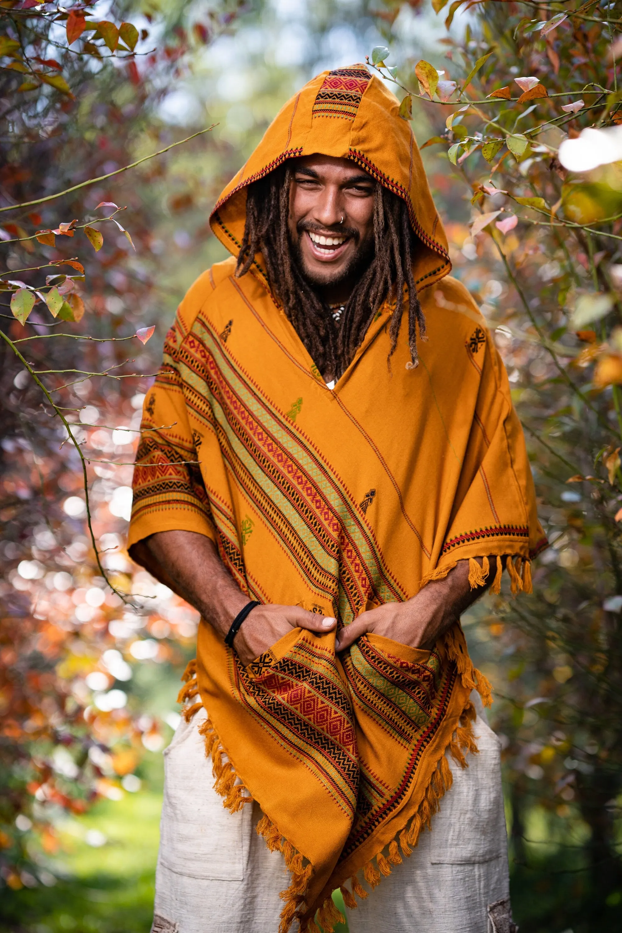 HODDI Mens Hooded Poncho Curry Orange Cashmere and Acrylic Wool Pockets Tribal Embroidery Celtic Festival Mexican Primitive Big Hood AJJAYA