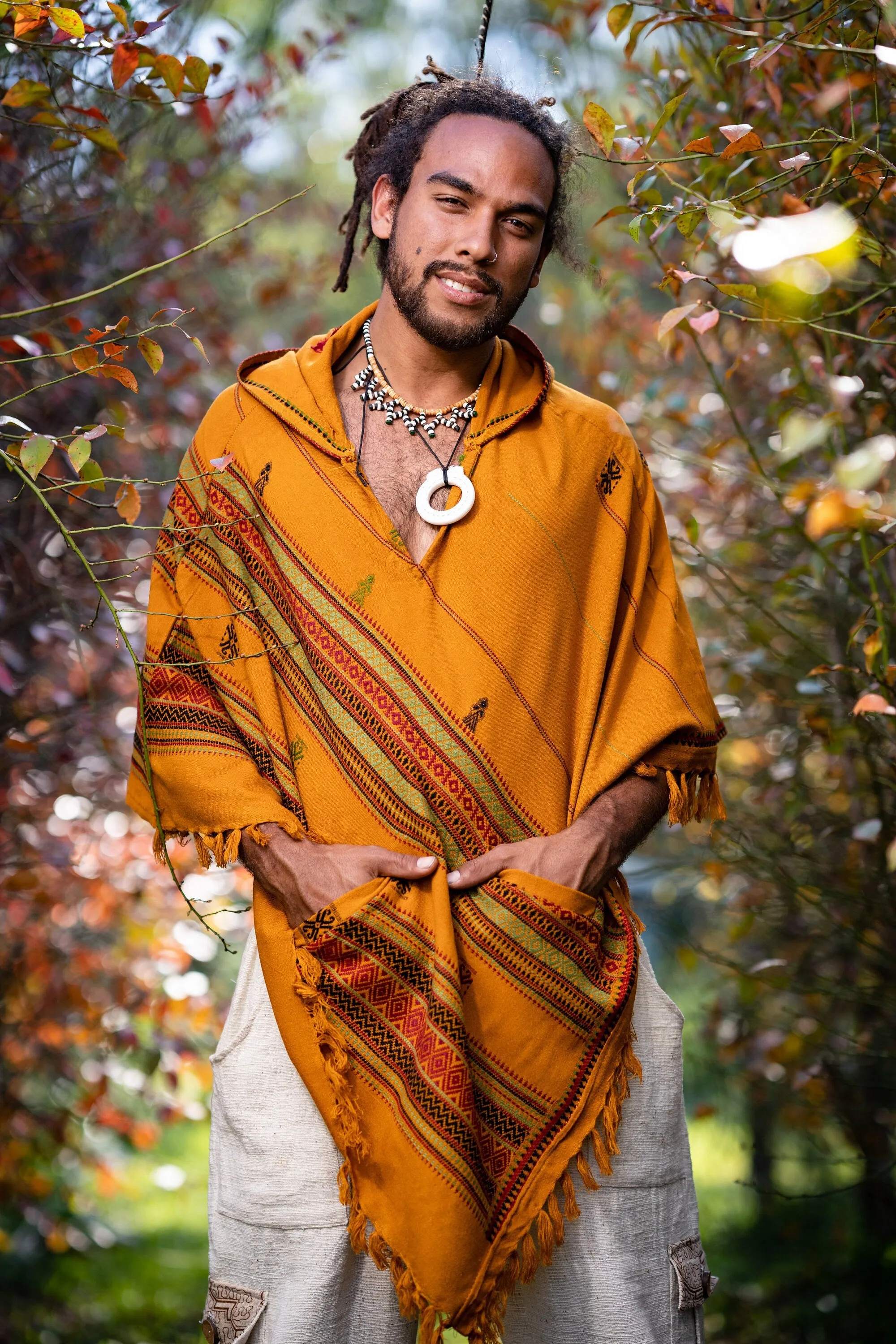 HODDI Mens Hooded Poncho Curry Orange Cashmere and Acrylic Wool Pockets Tribal Embroidery Celtic Festival Mexican Primitive Big Hood AJJAYA