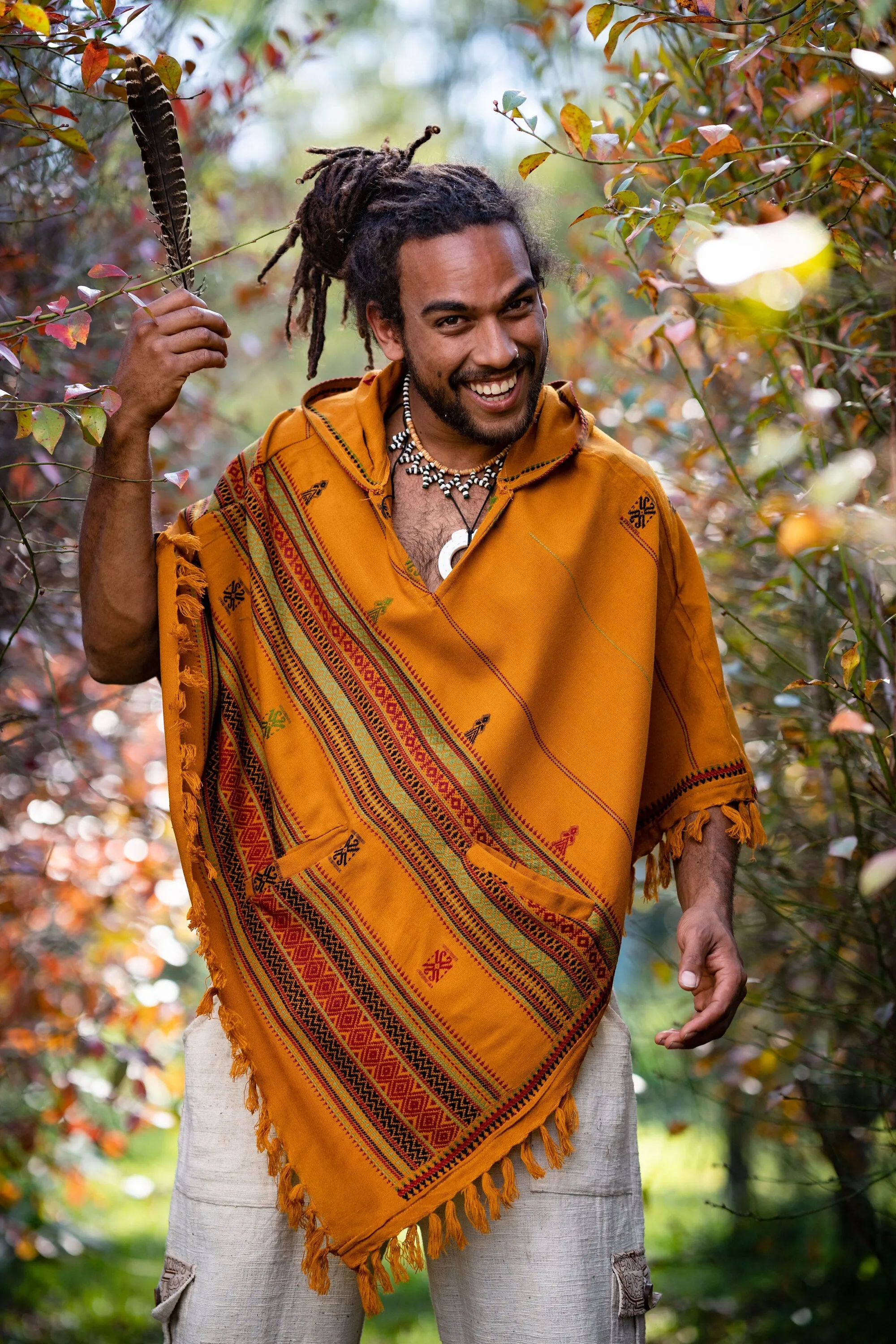 HODDI Mens Hooded Poncho Curry Orange Cashmere and Acrylic Wool Pockets Tribal Embroidery Celtic Festival Mexican Primitive Big Hood AJJAYA