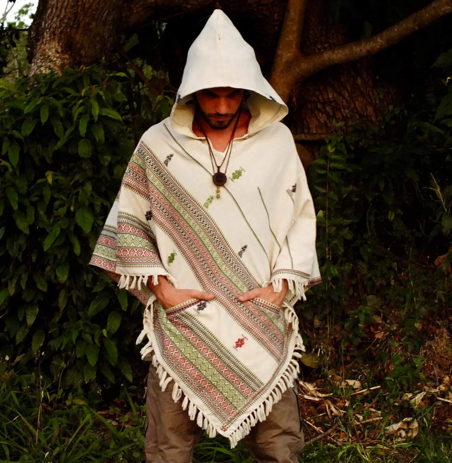 HODDI White Hooded Poncho with Hood Cashmere and Acrylic Wool Earthy Tribal Pattern Festival AJJAYA Mens Wear Boho Primitive Mexican pockets