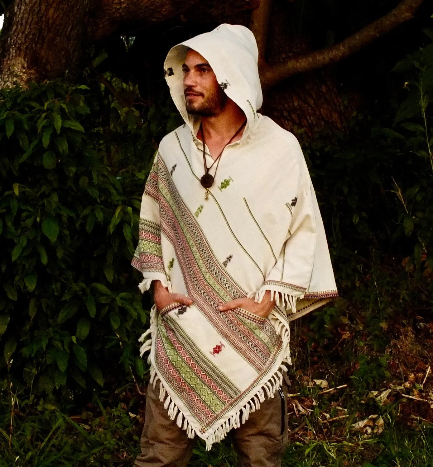 HODDI White Hooded Poncho with Hood Cashmere and Acrylic Wool Earthy Tribal Pattern Festival AJJAYA Mens Wear Boho Primitive Mexican pockets