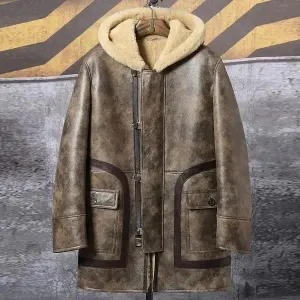 Hooded Men's Waxed Sheepskin Fur Coat