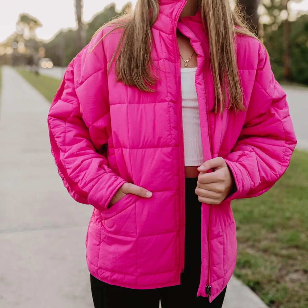 Hot Pink Wholesale QUILTED SQUARES Zipper Jacket