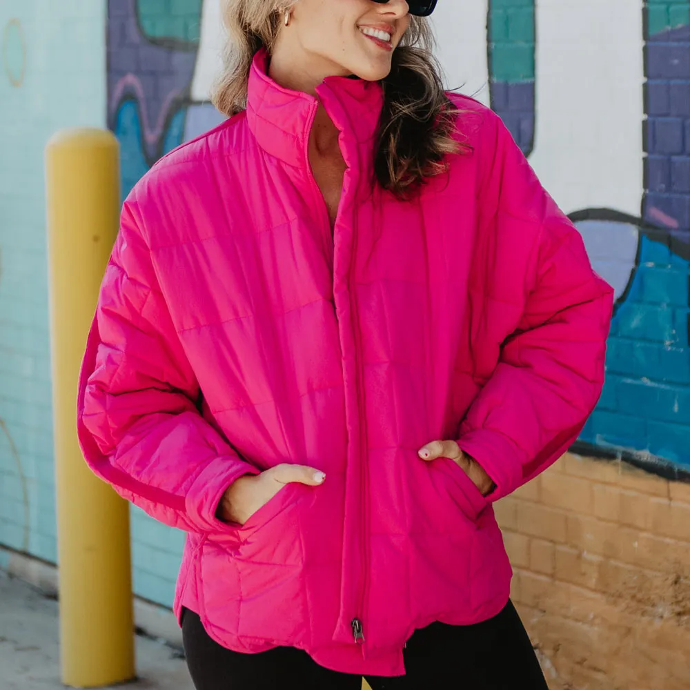 Hot Pink Wholesale QUILTED SQUARES Zipper Jacket