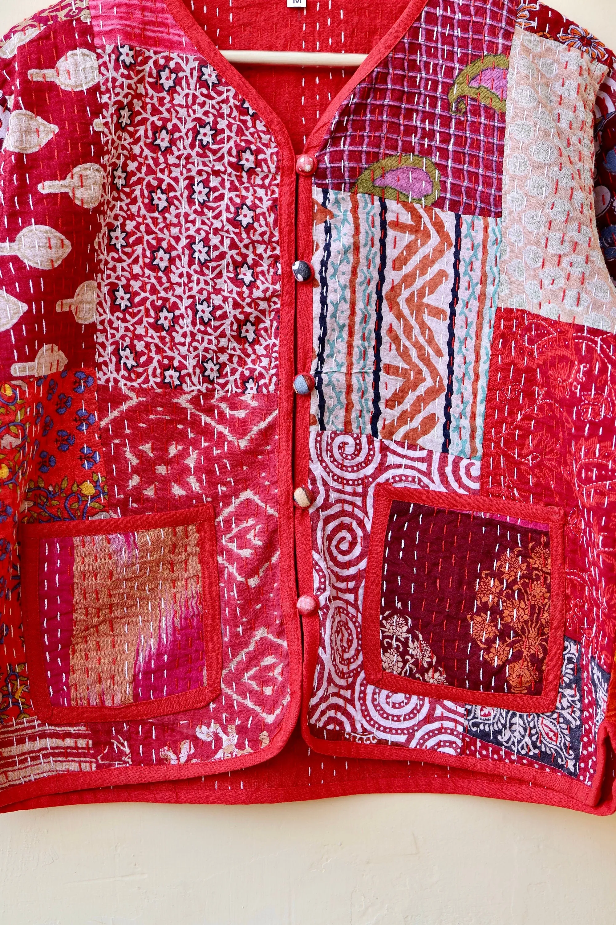 Indian Handmade Red Kantha Patchwork Quilted Jacket, Stylish Patchwork Women's Coat, Winter Spring Reversible Kantha Jacket for Her