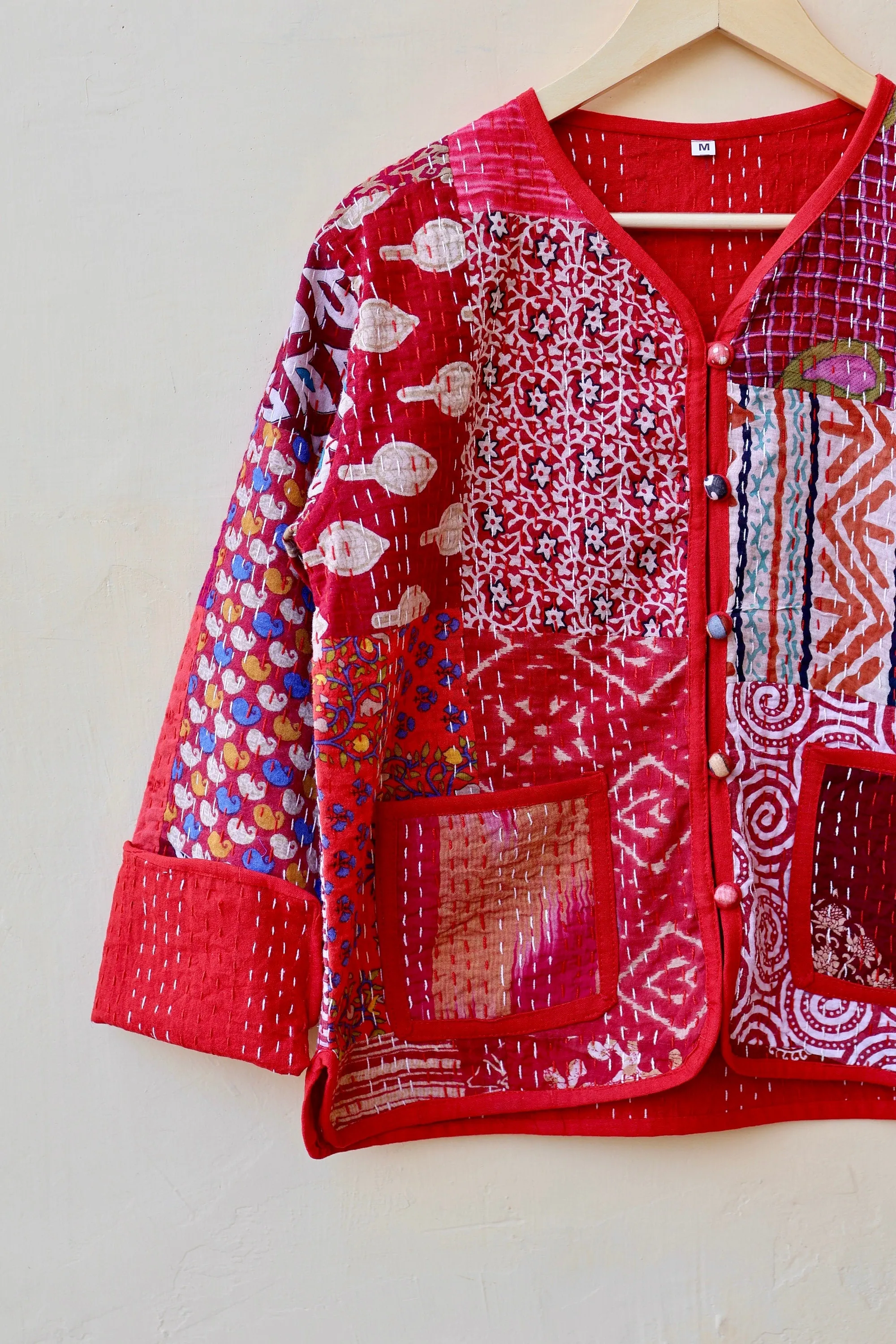 Indian Handmade Red Kantha Patchwork Quilted Jacket, Stylish Patchwork Women's Coat, Winter Spring Reversible Kantha Jacket for Her