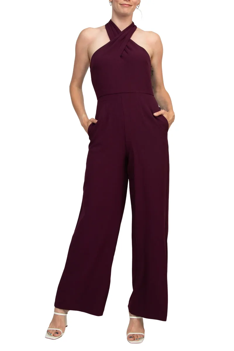 Julia Jordan Stretch Criss Cross Halter Neckline Sleeveless Crepe Jumpsuit With Pockets - Wholesale