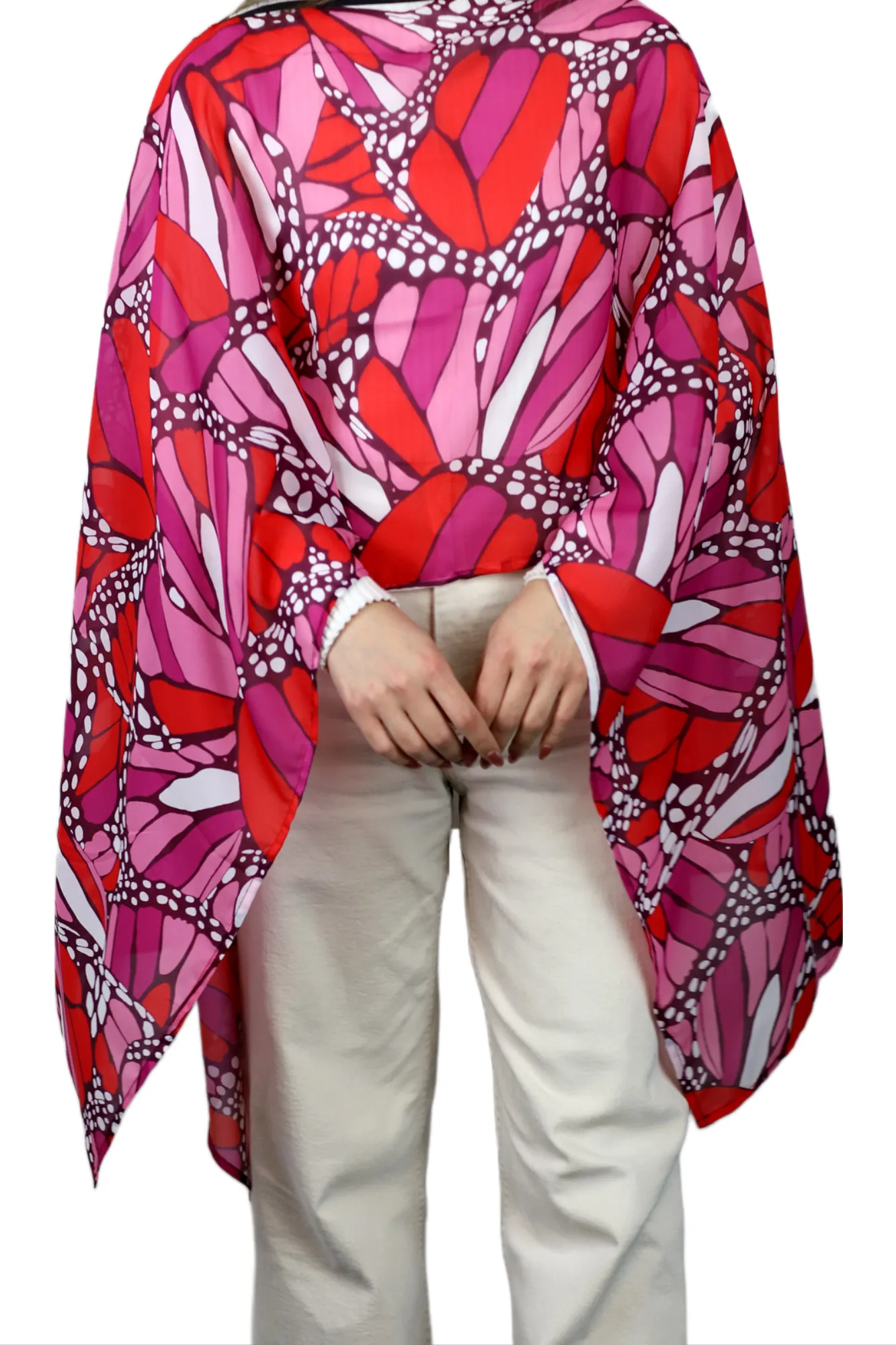 La Fiorentina Butterfly Wings Print Poncho - 100% Polyester - Fuchsia