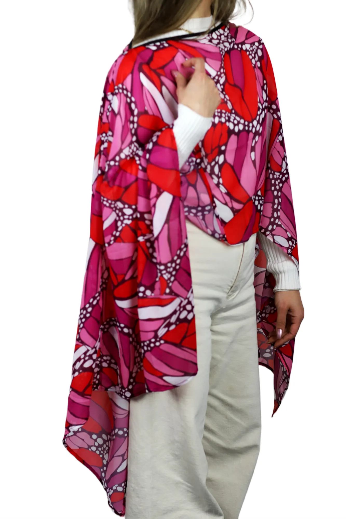 La Fiorentina Butterfly Wings Print Poncho - 100% Polyester - Fuchsia