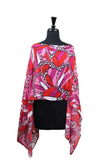 La Fiorentina Butterfly Wings Print Poncho - 100% Polyester - Fuchsia