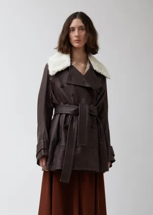 Leather Belted Peacoat with Shearling Collar