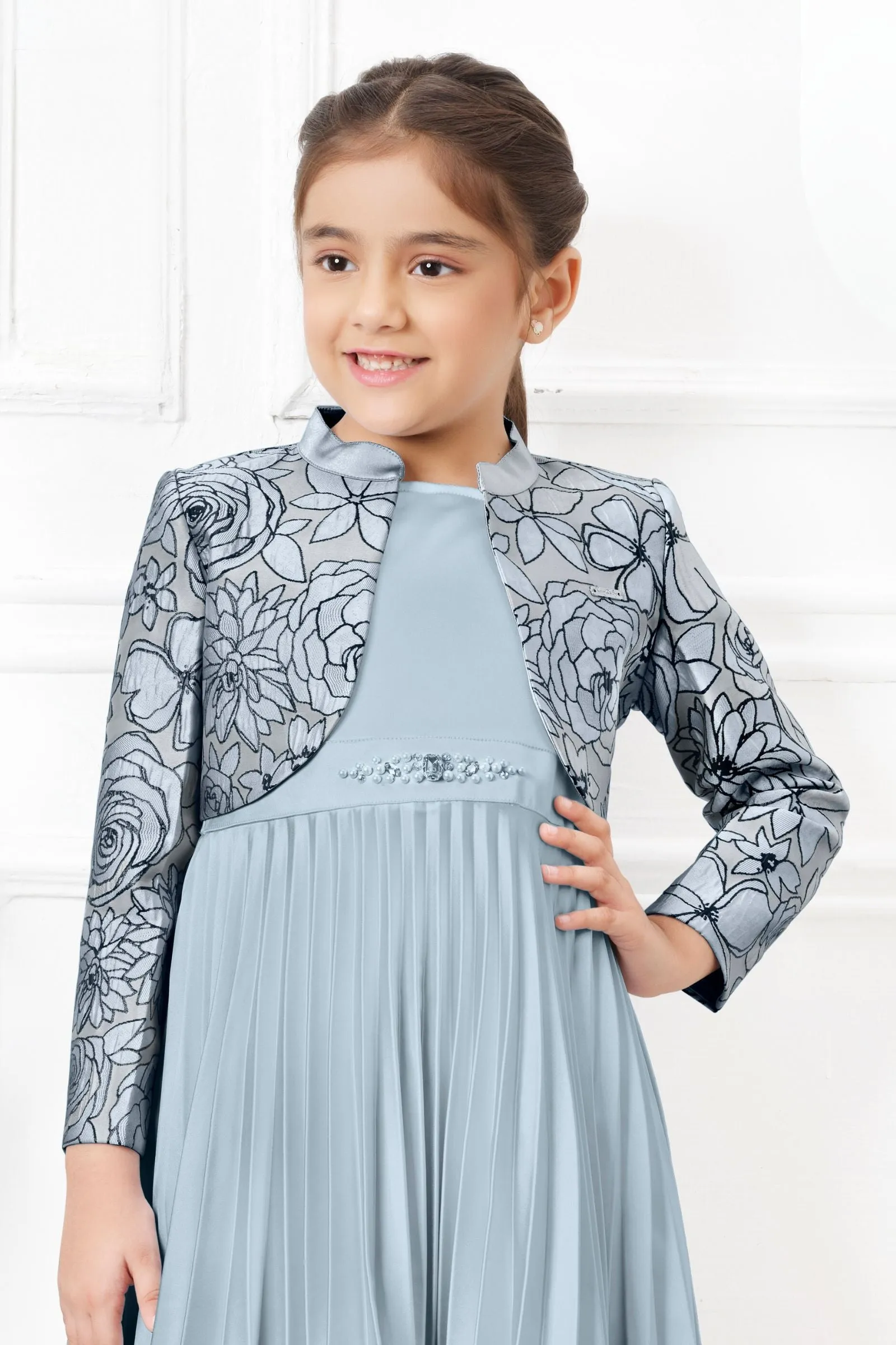 Light Blue Jacquard Print Overcoat Styled Short Frock For Girls