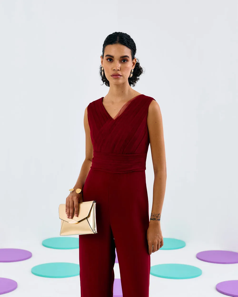 Maroon Pleated Softnet & Crepe Jumpsuit