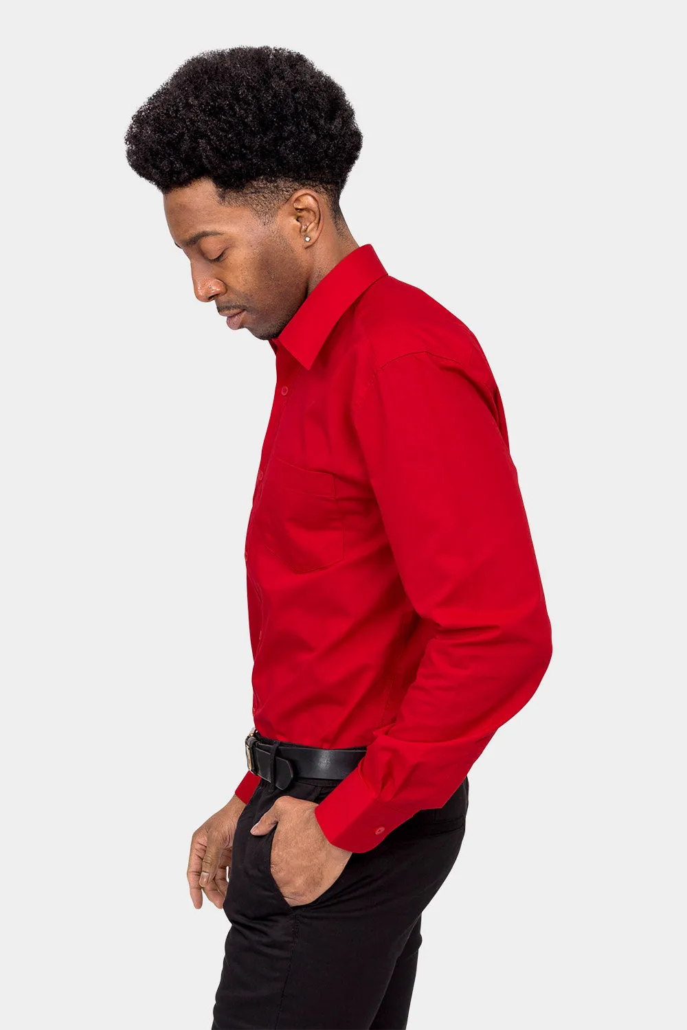 Men's Basic Solid Color Button Up Dress Shirt (Red)