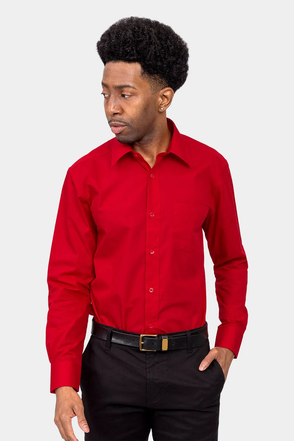 Men's Basic Solid Color Button Up Dress Shirt (Red)