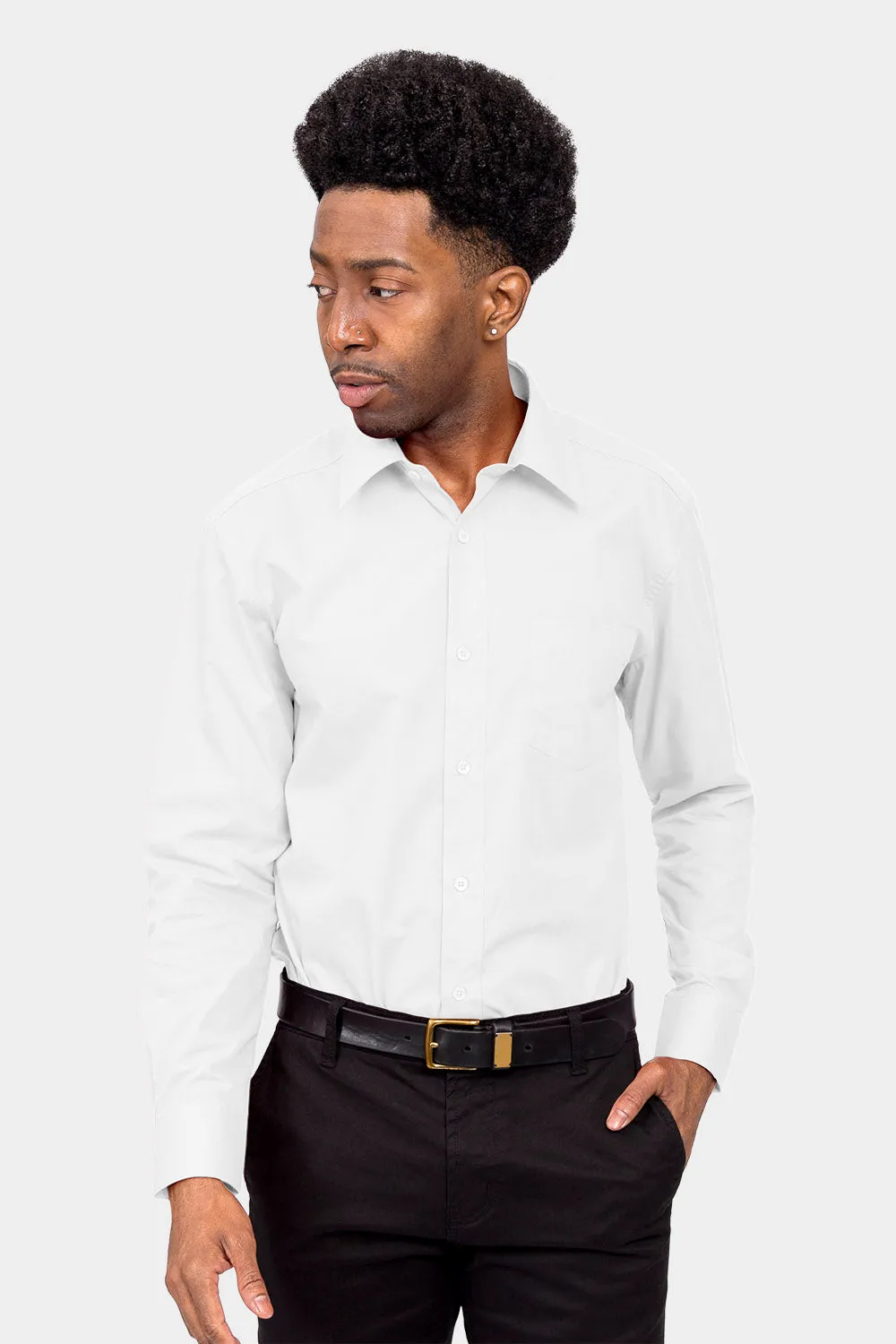 Men's Basic Solid Color Button Up Dress Shirt (White)