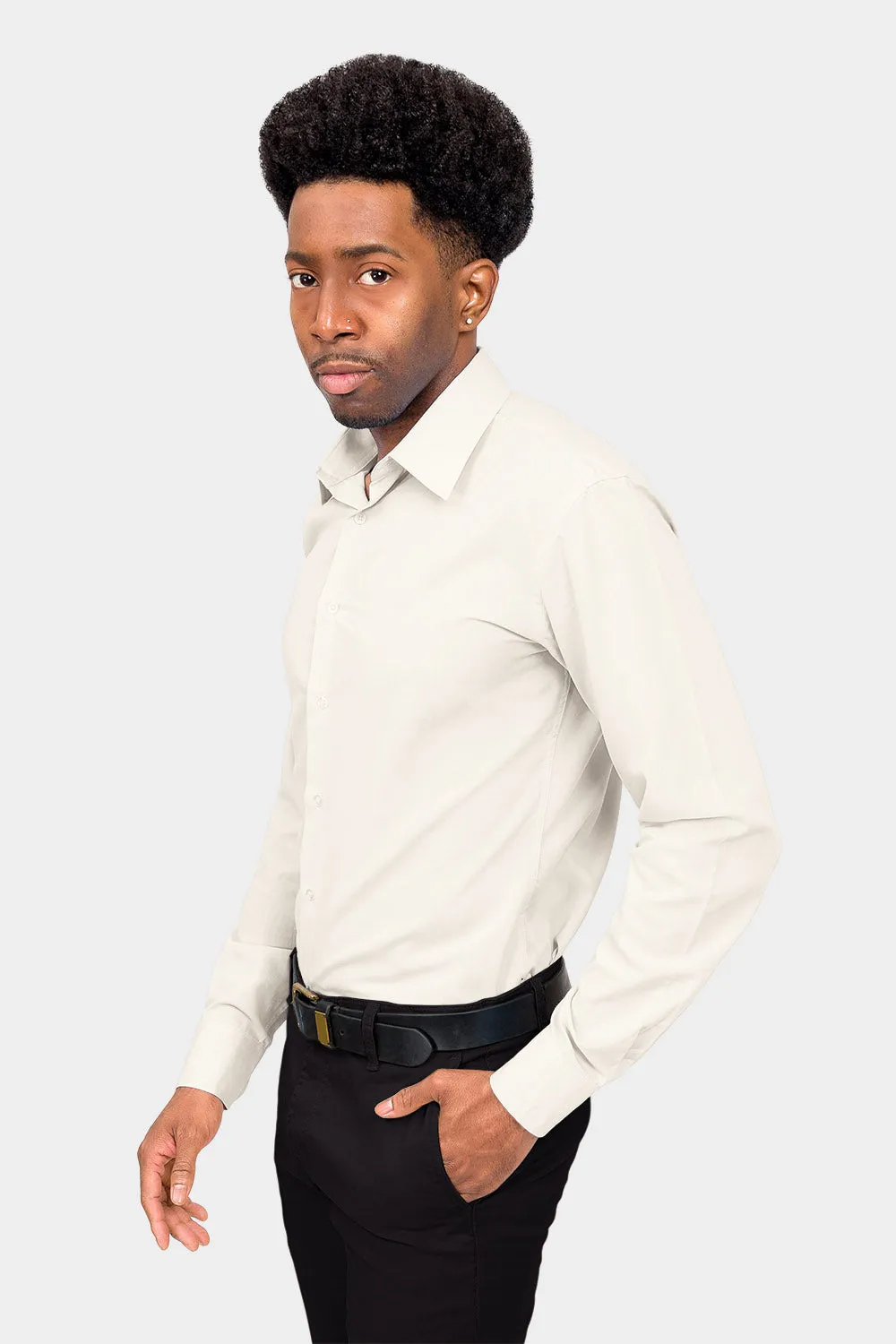 Men's Slim Fit Solid Color Dress Shirt (Ivory)