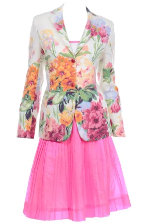 Oscar de la Renta Pink Skirt With Top and Floral Jacket