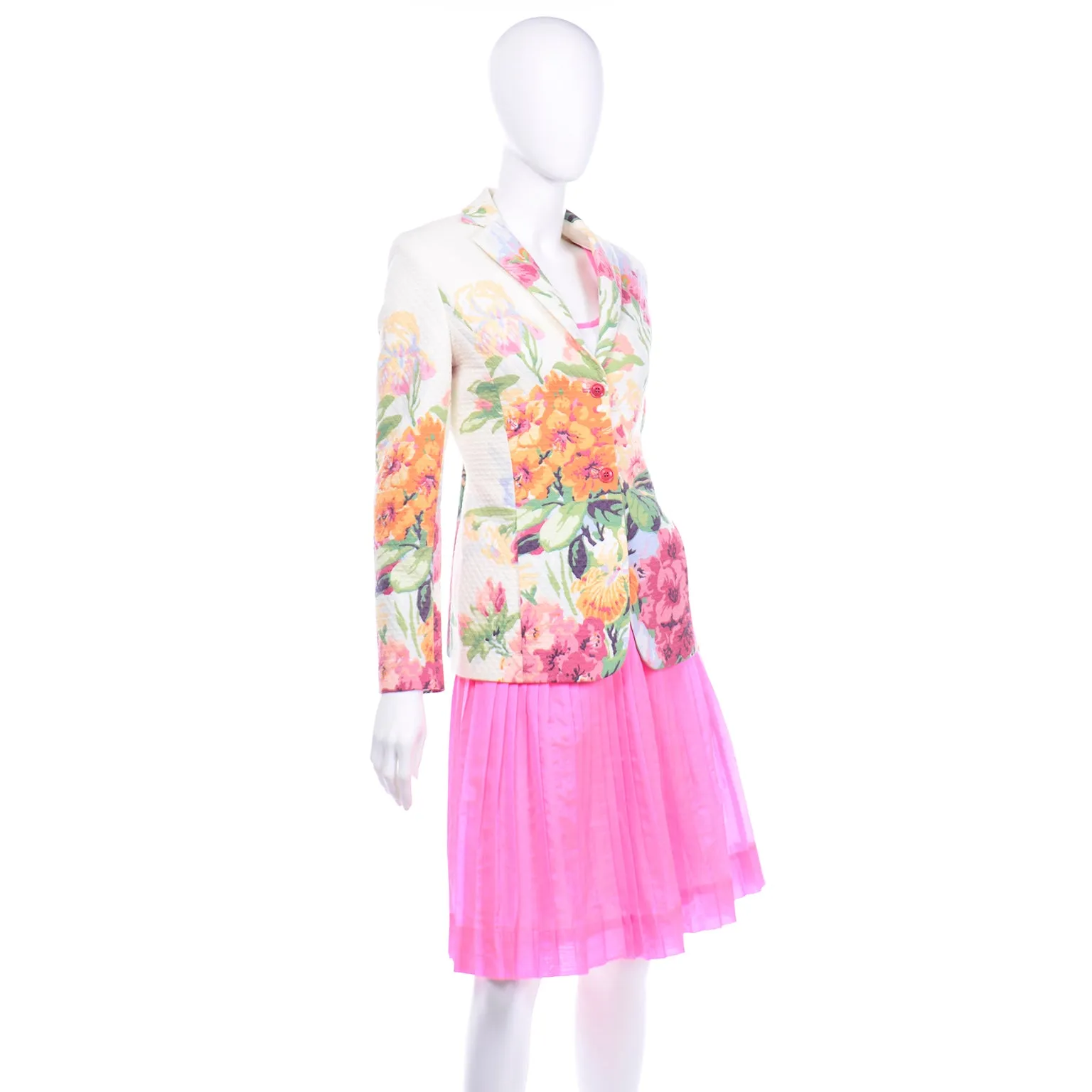 Oscar de la Renta Pink Skirt With Top and Floral Jacket